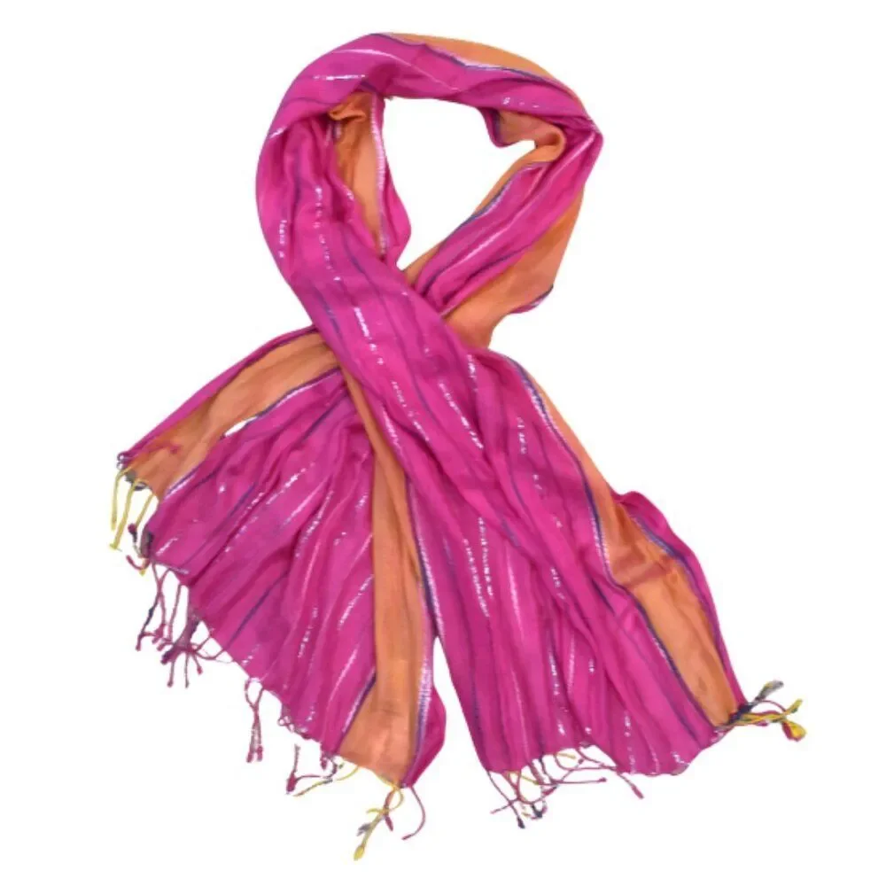 Michael Stars Pink Orange Silver Sparkle Striped Fringe Scarf Wrap New